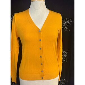 Mustard Yellow V-Neck Button Down Cardigan Sweater Ribbed Knit Trim Womens